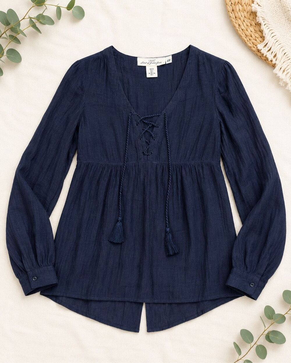 H&M L.O.G.G. Women’s US 2 Navy Blue Lace Up Tassel Peasant Blouse Boho Top
